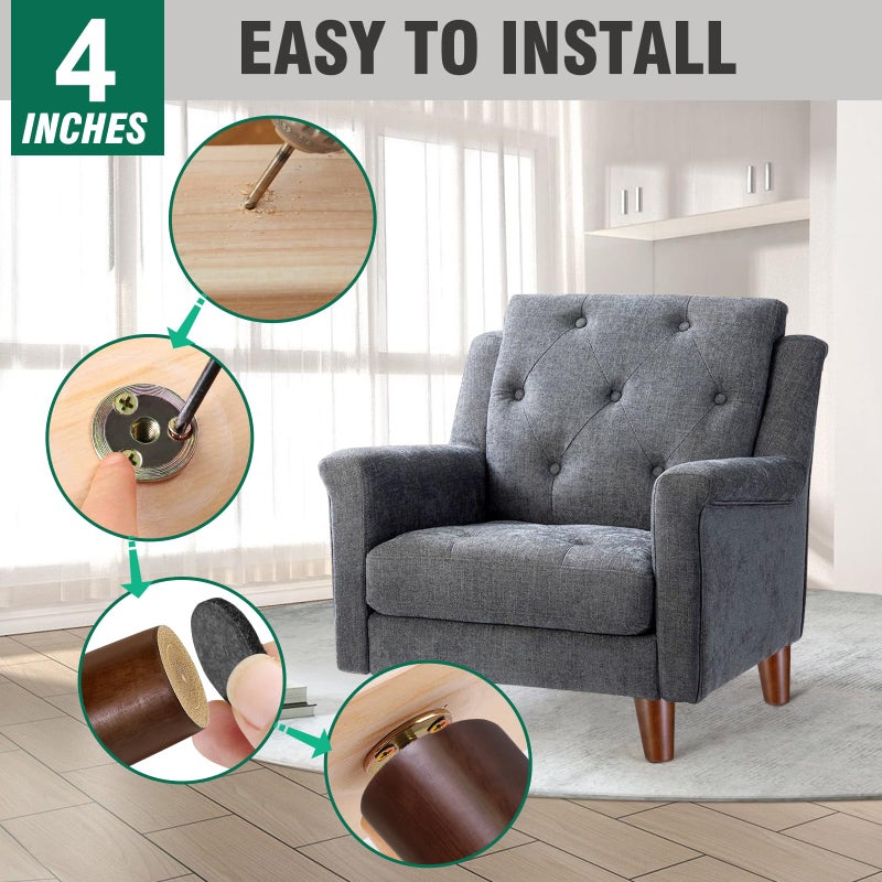 FoDau770 Brown Rubber Wood Furniture Legs 4 Inches, Slant Tapered Wood Legs Mid Century Sofa Legs Set of 4, 5/16"" UNC Furniture Feet Replacement Legs for Sofa Couch Dresser Chair Ottoman Table - Image 4